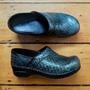 Sanita Green Metallic Snakeskin Clogs